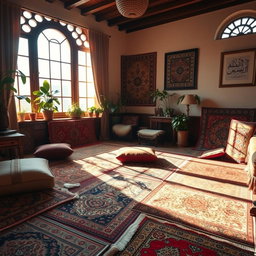 A vibrant interior of a traditional Lebanese home in Beirut filled with an array of colorful carpets on the floor, showcasing intricate patterns and textures