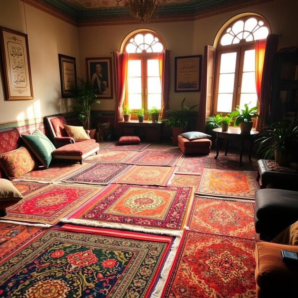A vibrant interior of a traditional Lebanese home in Beirut filled with an array of colorful carpets on the floor, showcasing intricate patterns and textures