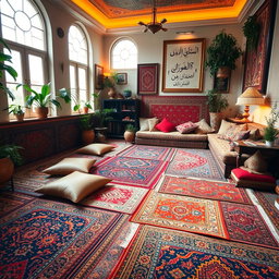A vibrant interior of a traditional Lebanese home in Beirut filled with an array of colorful carpets on the floor, showcasing intricate patterns and textures