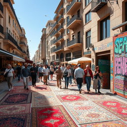 A bustling street scene in Beirut city, where the ground is uniquely covered with a variety of carpets that blend traditional and modern designs