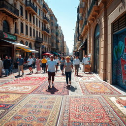 A bustling street scene in Beirut city, where the ground is uniquely covered with a variety of carpets that blend traditional and modern designs