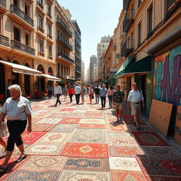 A bustling street scene in Beirut city, where the ground is uniquely covered with a variety of carpets that blend traditional and modern designs