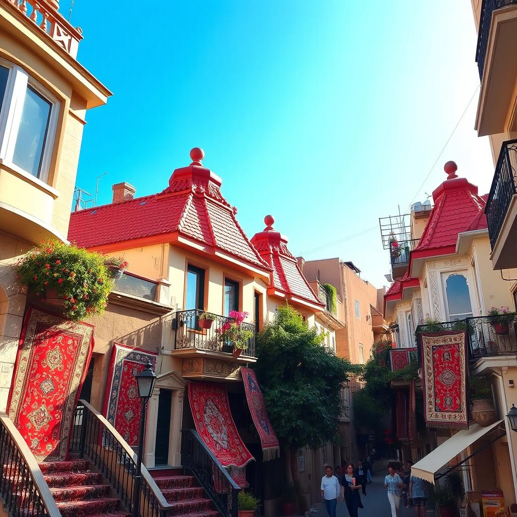A vibrant urban scene in Beirut featuring charming red-topped houses, each adorned with colorful carpets on their floors, showcasing intricate patterns and designs