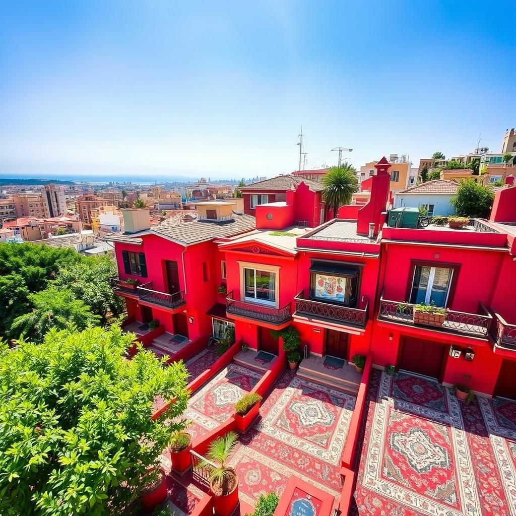 A picturesque view of Beirut city showcasing vibrant red houses, each with beautifully adorned floors covered in colorful carpets that display intricate patterns