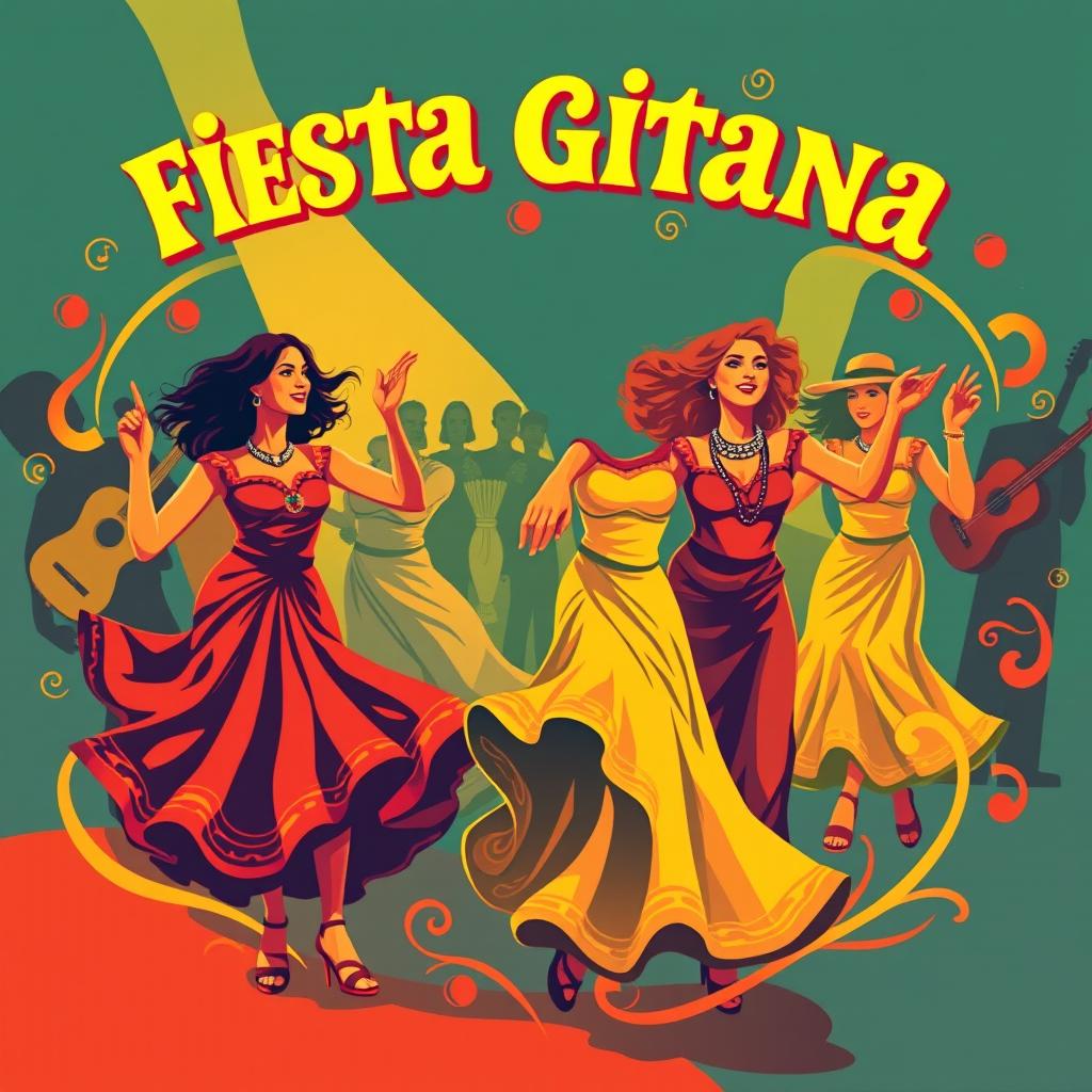 A vibrant and colorful poster for a gypsy rumba party titled 'Fiesta Gitana'