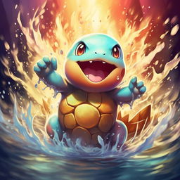 A stunningly designed Pokémon card featuring Squirtle, splashing water joyously in midst of an engaging background with vibrant colors and dynamic lighting effects.