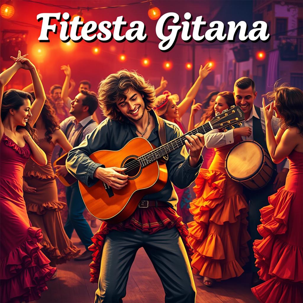 A vibrant and lively poster for a flamenco rumba gypsy party titled 'Fiesta Gitana'