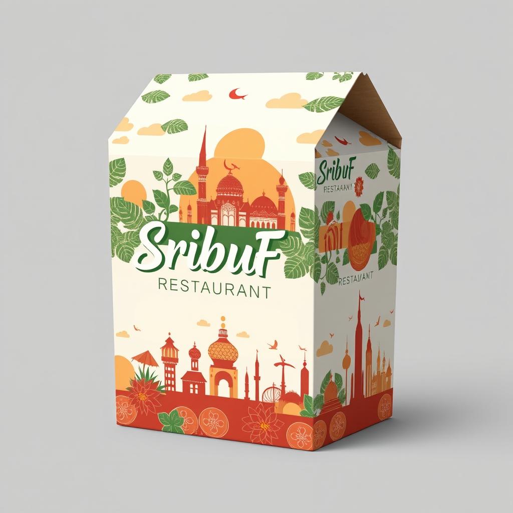 Create a visual design for a take-away food packaging box for SribuFood Restaurant, which specializes in a variety of traditional Indonesian dishes