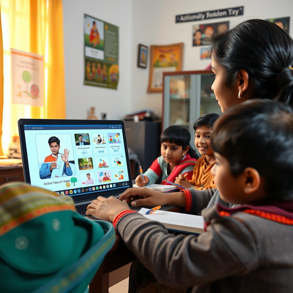 An engaging online teaching scene featuring an Indian teacher conducting a virtual class with Indian students