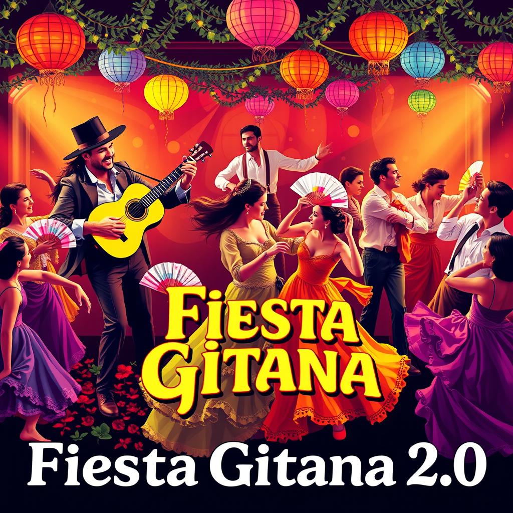 A vibrant and colorful poster for a flamenco gypsy party titled 'Fiesta Gitana 2