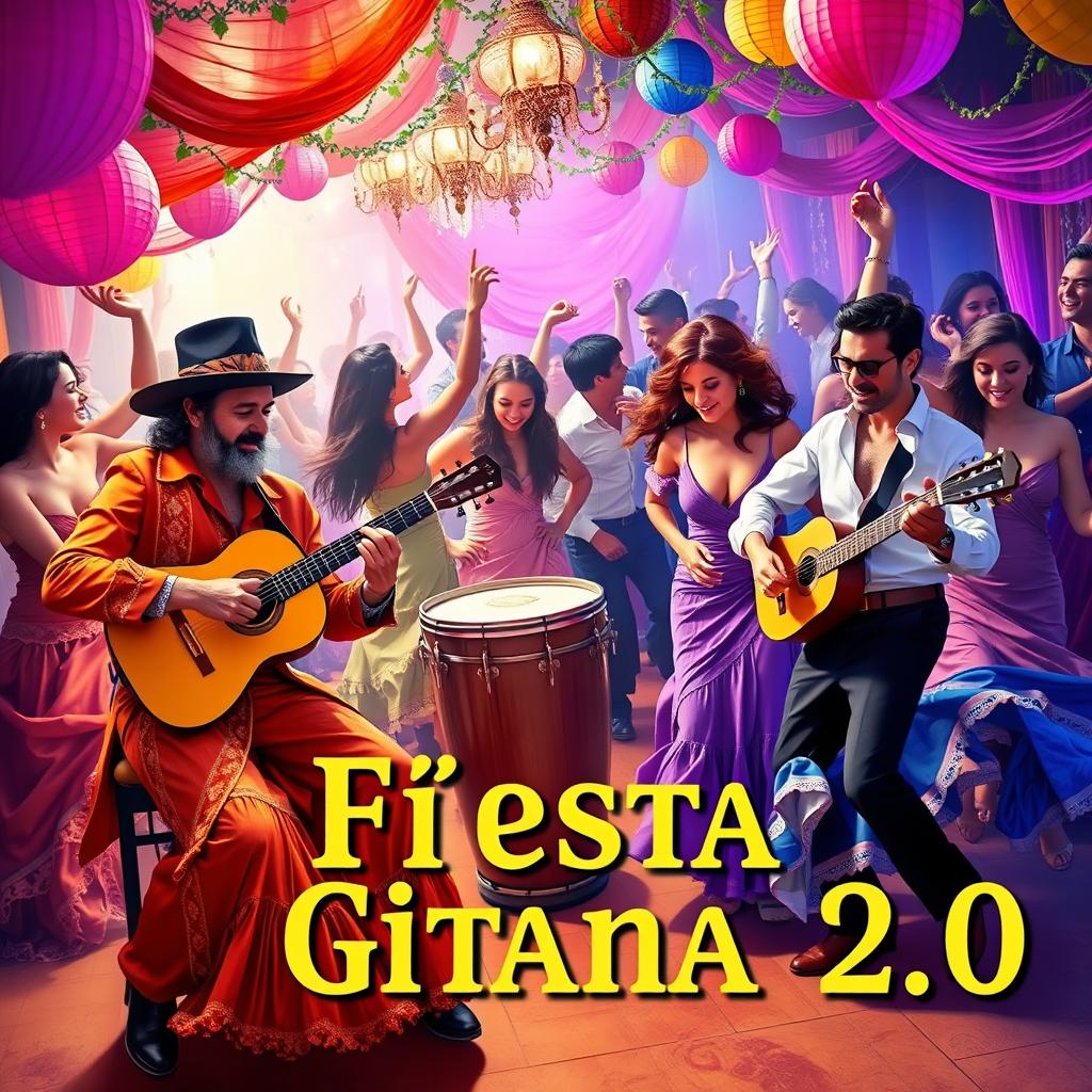 A vibrant and lively poster for a flamenco rumbera gypsy party titled "Fiesta Gitana 2