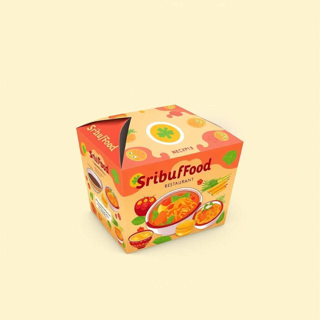 Design a take-away food packaging box for SribuFood Restaurant, highlighting Indonesia's diverse culinary heritage