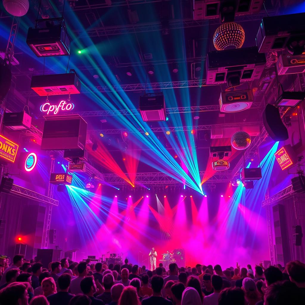An artistic stage arena concert filled with vibrant colors and dynamic lighting, showcasing an elaborate setup with suspended retro elements such as vintage neon signs, old-school cassette tapes, and classic record players hanging from the ceiling