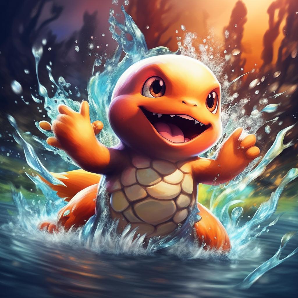 A stunningly designed Pokémon card featuring Squirtle, splashing water joyously in midst of an engaging background with vibrant colors and dynamic lighting effects.