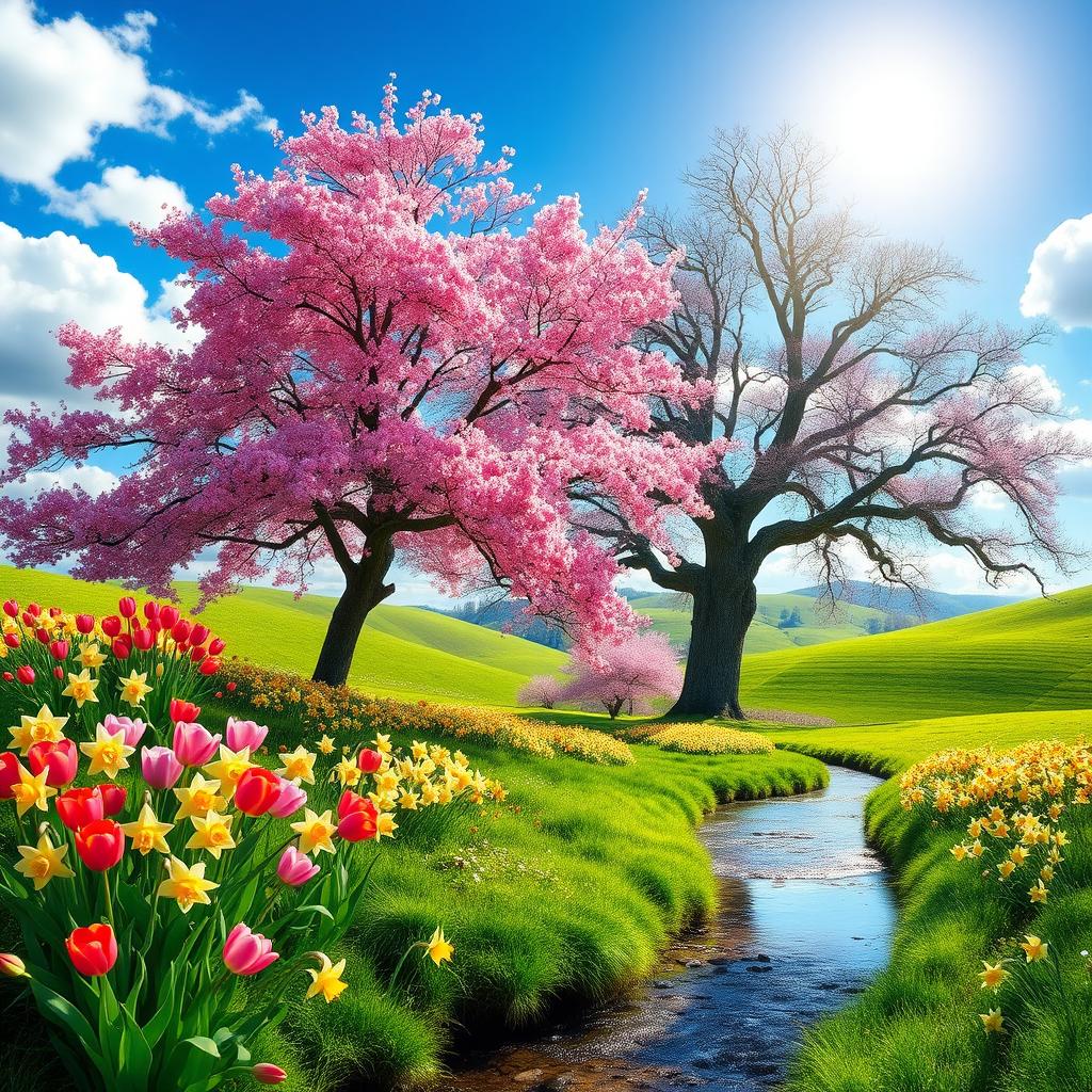 A vibrant spring landscape showcasing a burst of colorful blossoms from cherry trees, tulips, and daffodils
