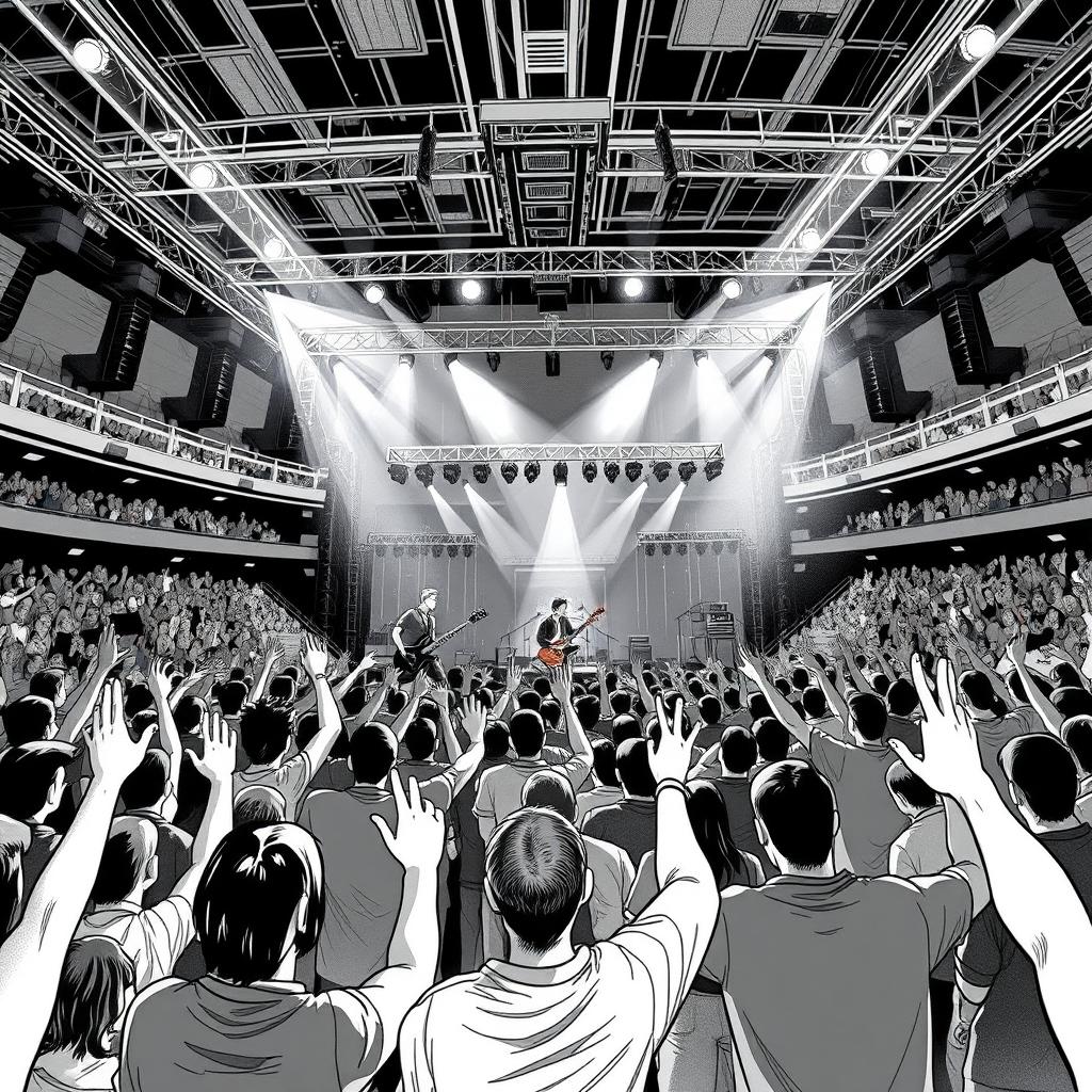 A dynamic illustration of a stage arena during a concert, filled with excited fans