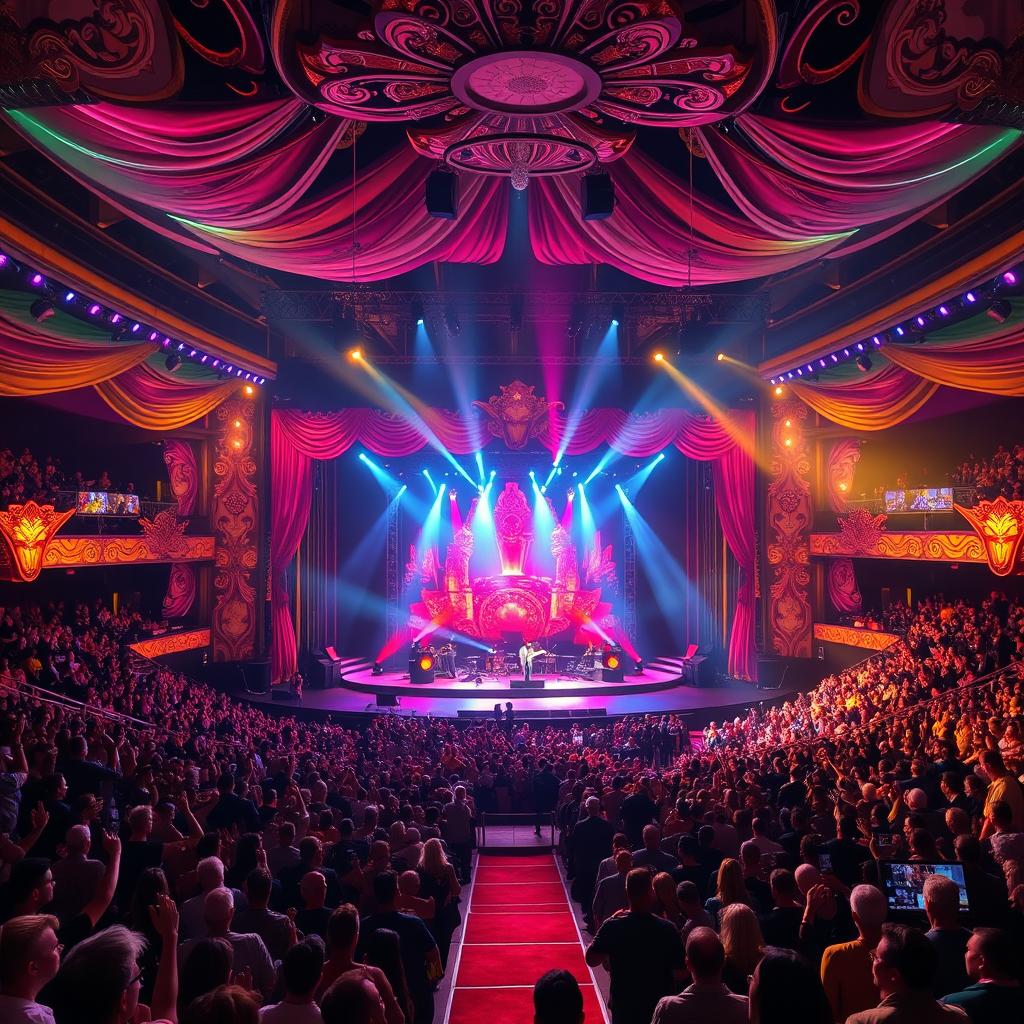 A vibrant, elegant arena stage set for a concert, featuring a sophisticated design with elaborate lighting and colorful patterns