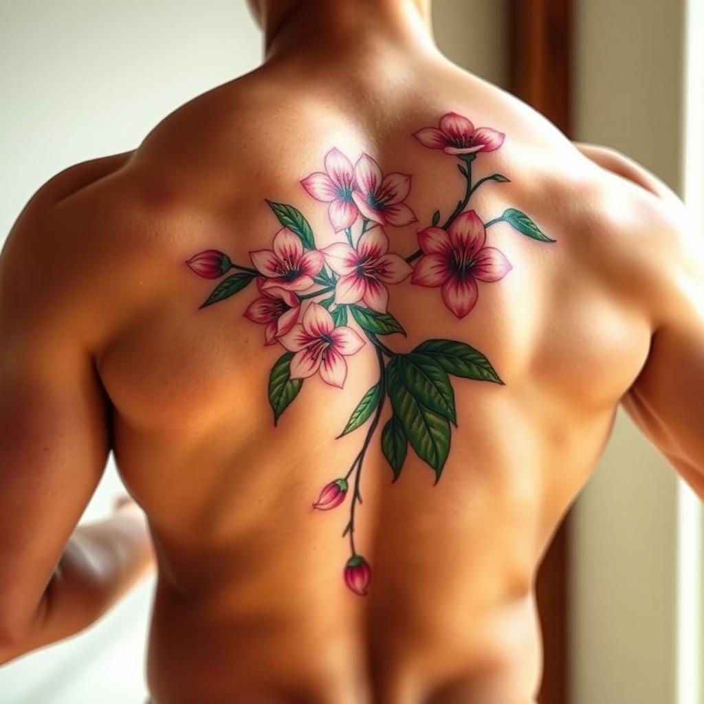A beautifully detailed photograph of a strong muscular back featuring a vibrant cherry blossom tattoo that gracefully spreads across the shoulder blades and down the spine