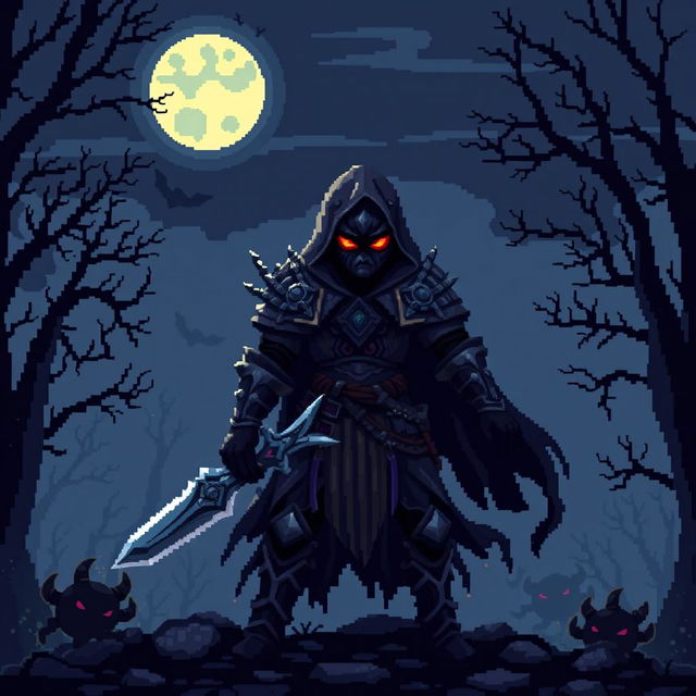 An 8-bit pixel art depiction of a dark fantasy warrior, wearing a tattered cloak and intricately designed armor, wielding a jagged sword