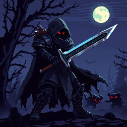 An 8-bit pixel art depiction of a dark fantasy warrior, wearing a tattered cloak and intricately designed armor, wielding a jagged sword