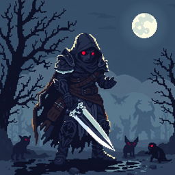 An 8-bit pixel art depiction of a dark fantasy warrior, wearing a tattered cloak and intricately designed armor, wielding a jagged sword