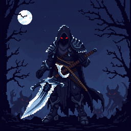 An 8-bit pixel art depiction of a dark fantasy warrior, wearing a tattered cloak and intricately designed armor, wielding a jagged sword