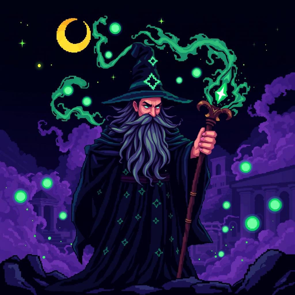 An 8-bit pixel art representation of a dark fantasy wizard, dressed in a flowing dark robe with star patterns