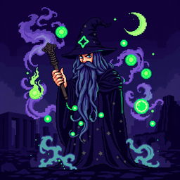 An 8-bit pixel art representation of a dark fantasy wizard, dressed in a flowing dark robe with star patterns