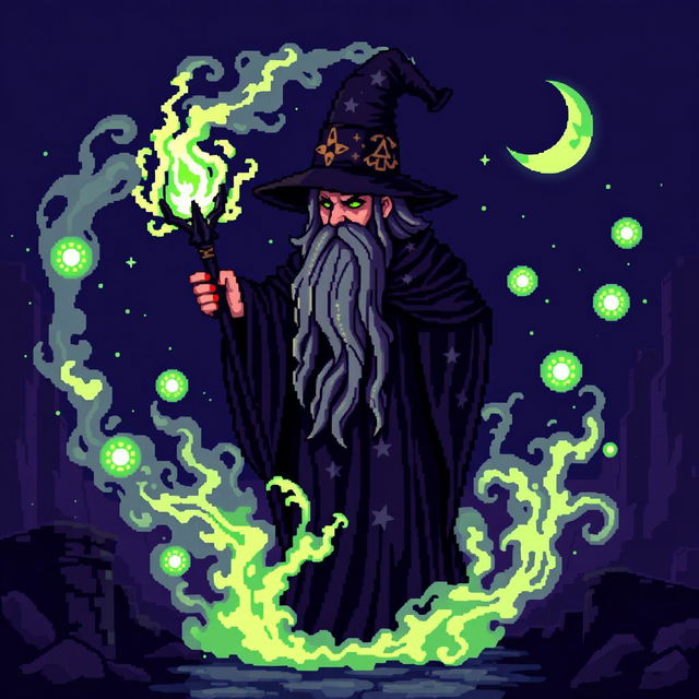 An 8-bit pixel art representation of a dark fantasy wizard, dressed in a flowing dark robe with star patterns