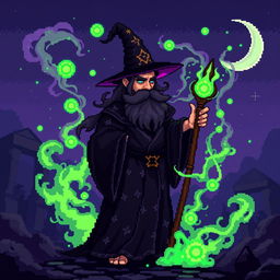 An 8-bit pixel art representation of a dark fantasy wizard, dressed in a flowing dark robe with star patterns