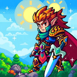 An 8-bit pixel art representation of a vibrant fantasy warrior, adorned in colorful armor with intricate patterns and details