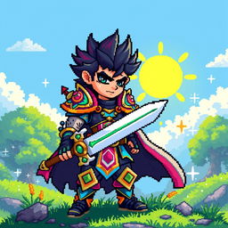 An 8-bit pixel art representation of a vibrant fantasy warrior, adorned in colorful armor with intricate patterns and details