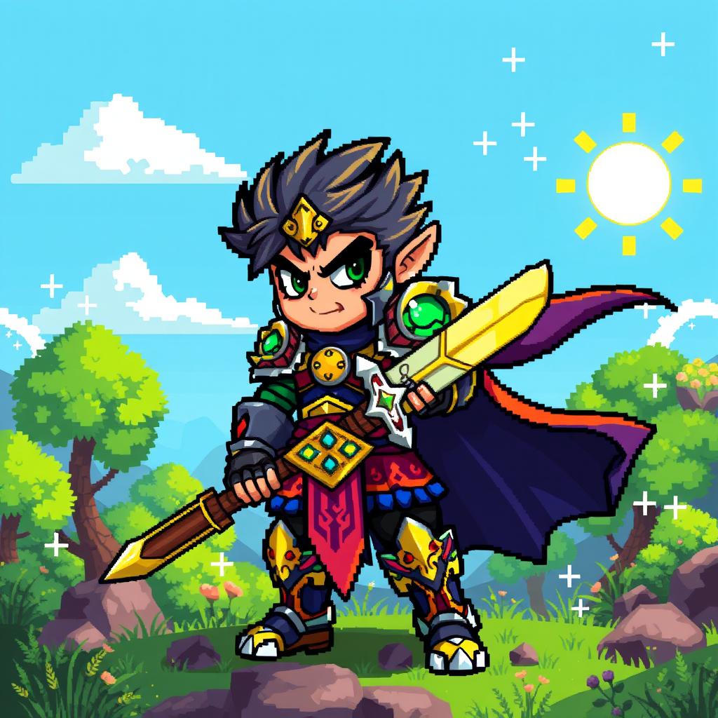 An 8-bit pixel art representation of a vibrant fantasy warrior, adorned in colorful armor with intricate patterns and details