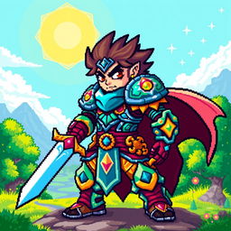 An 8-bit pixel art representation of a vibrant fantasy warrior, adorned in colorful armor with intricate patterns and details