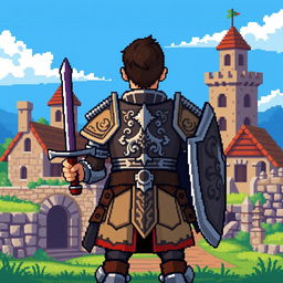 An 8-bit pixel art depiction of a medieval warrior from the front, showcasing a brave stance