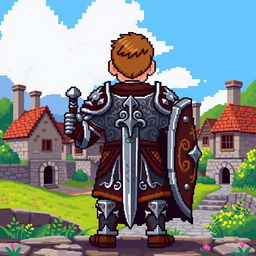 An 8-bit pixel art depiction of a medieval warrior from the front, showcasing a brave stance