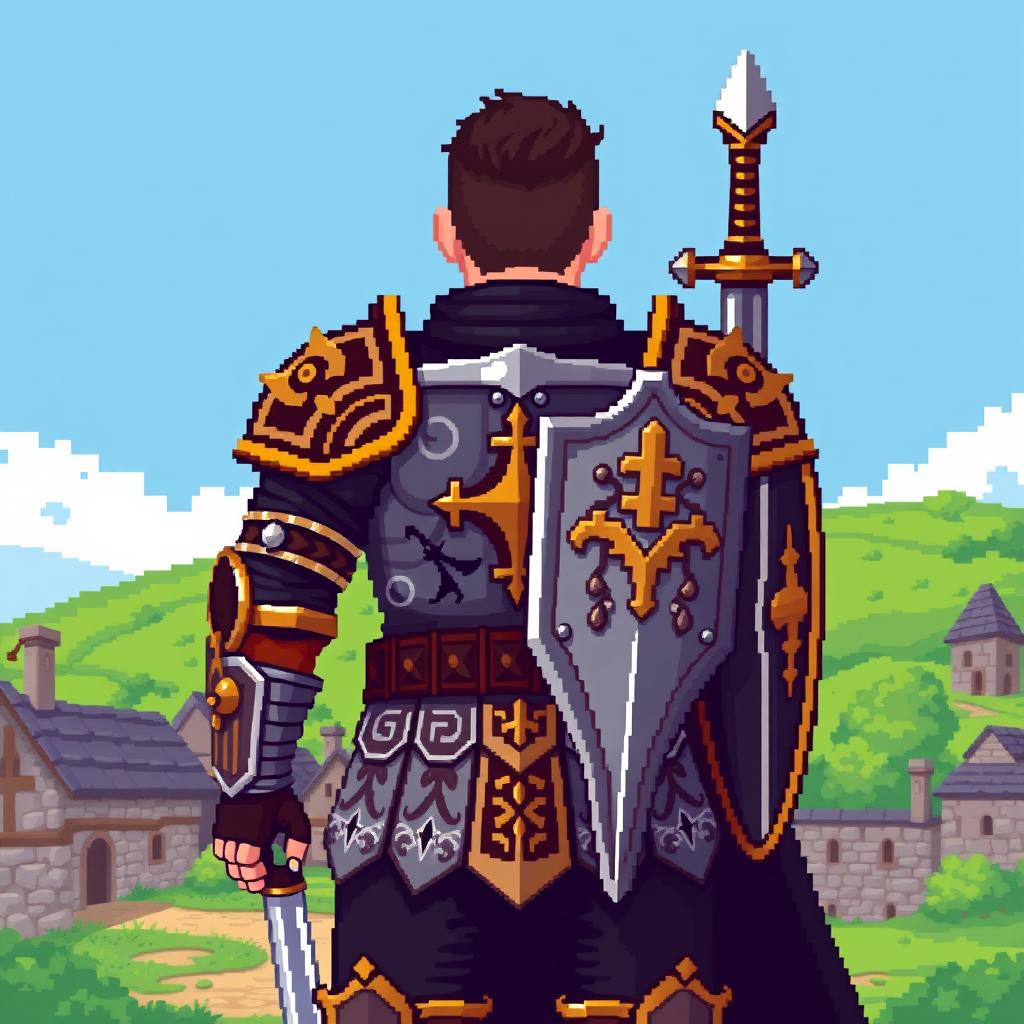 An 8-bit pixel art depiction of a medieval warrior from the front, showcasing a brave stance