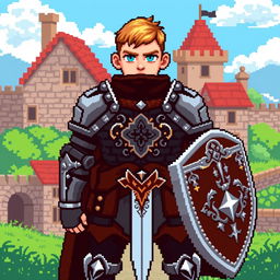 An 8-bit pixel art depiction of a medieval warrior from the front, showcasing a brave stance