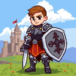 An 8-bit pixel art depiction of a medieval warrior, standing proudly in a dynamic pose