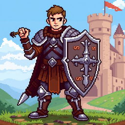 An 8-bit pixel art depiction of a medieval warrior, standing proudly in a dynamic pose