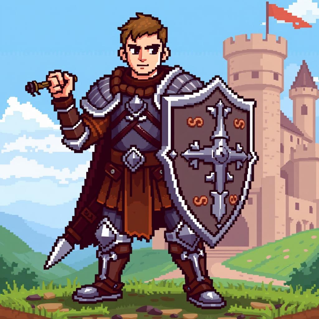An 8-bit pixel art depiction of a medieval warrior, standing proudly in a dynamic pose