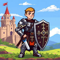 An 8-bit pixel art depiction of a medieval warrior, standing proudly in a dynamic pose
