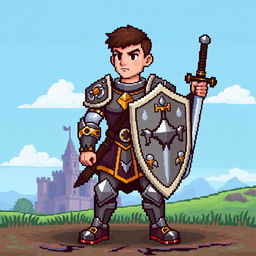 An 8-bit pixel art depiction of a medieval warrior, standing proudly in a dynamic pose