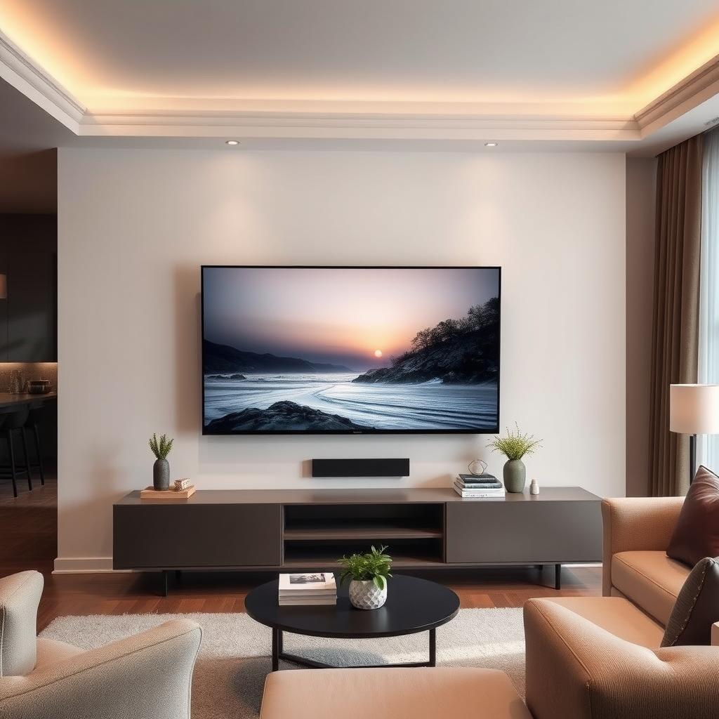A stylish living room interior featuring a large 75-inch TV mounted on the back wall, with a sleek, modern low-profile cabinet underneath it