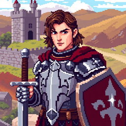 An 8-bit pixel art depiction of a medieval warrior designed with a touch of realism for the style