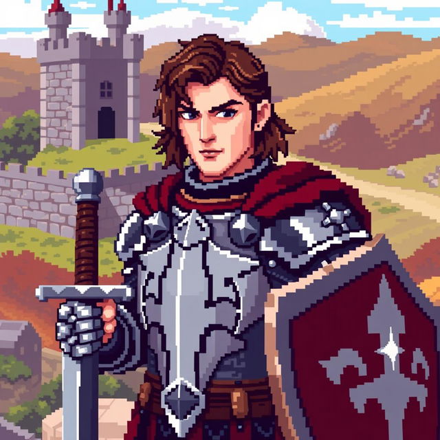 An 8-bit pixel art depiction of a medieval warrior designed with a touch of realism for the style
