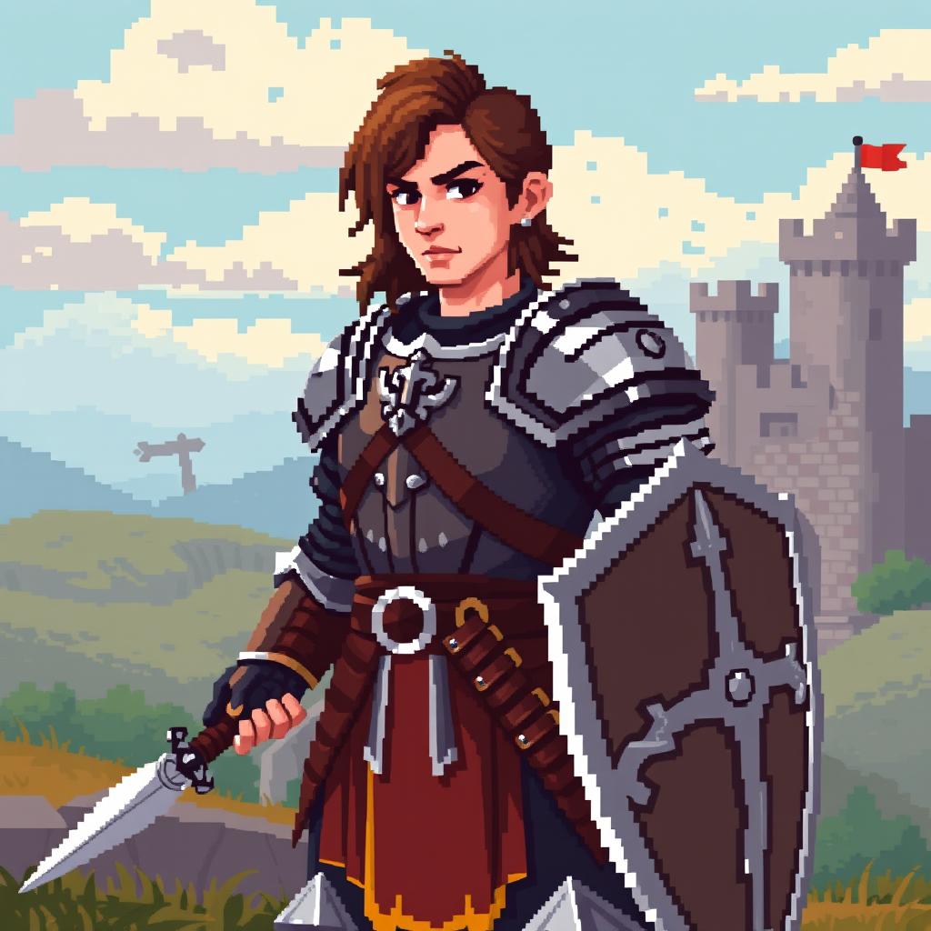 An 8-bit pixel art depiction of a medieval warrior designed with a touch of realism for the style