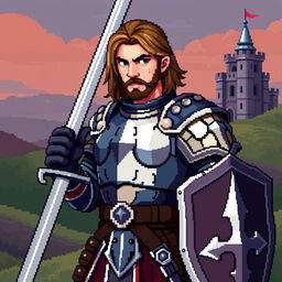 An 8-bit pixel art depiction of a medieval warrior designed with a touch of realism for the style