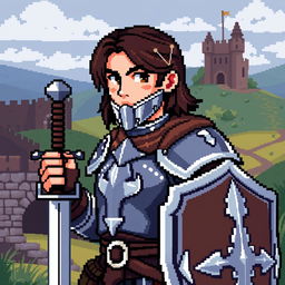 An 8-bit pixel art depiction of a medieval warrior designed with a touch of realism for the style