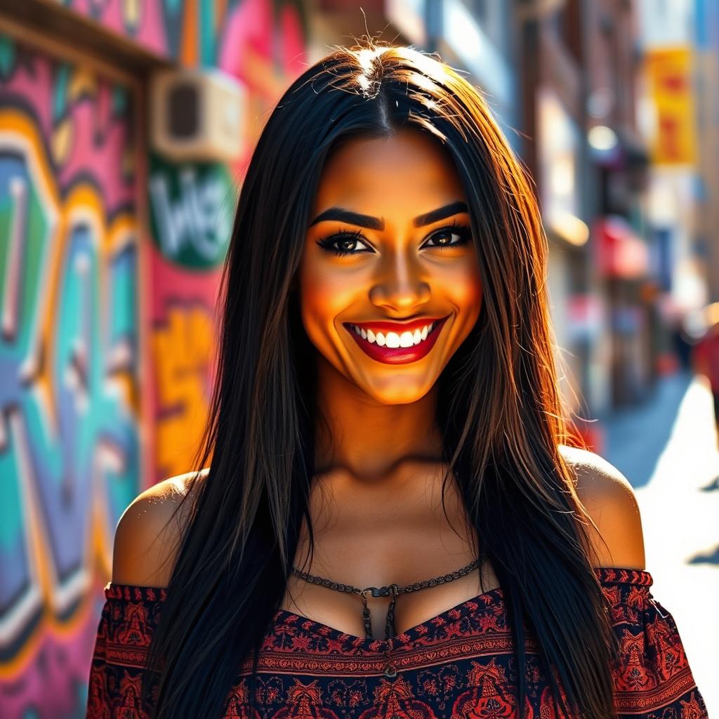 A captivating portrait of a confident woman with a lively smile, embodying modern style